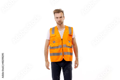 Adult man in uniform work vest standing on white background 
