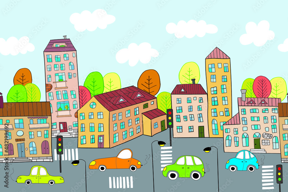 Cute cartoon colorful houses, cars and trees seamless border. Cityscape doodle vector illustration for children.