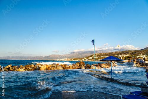 View of beautiful waves on coast of Mediterranean Sea. Greece.
