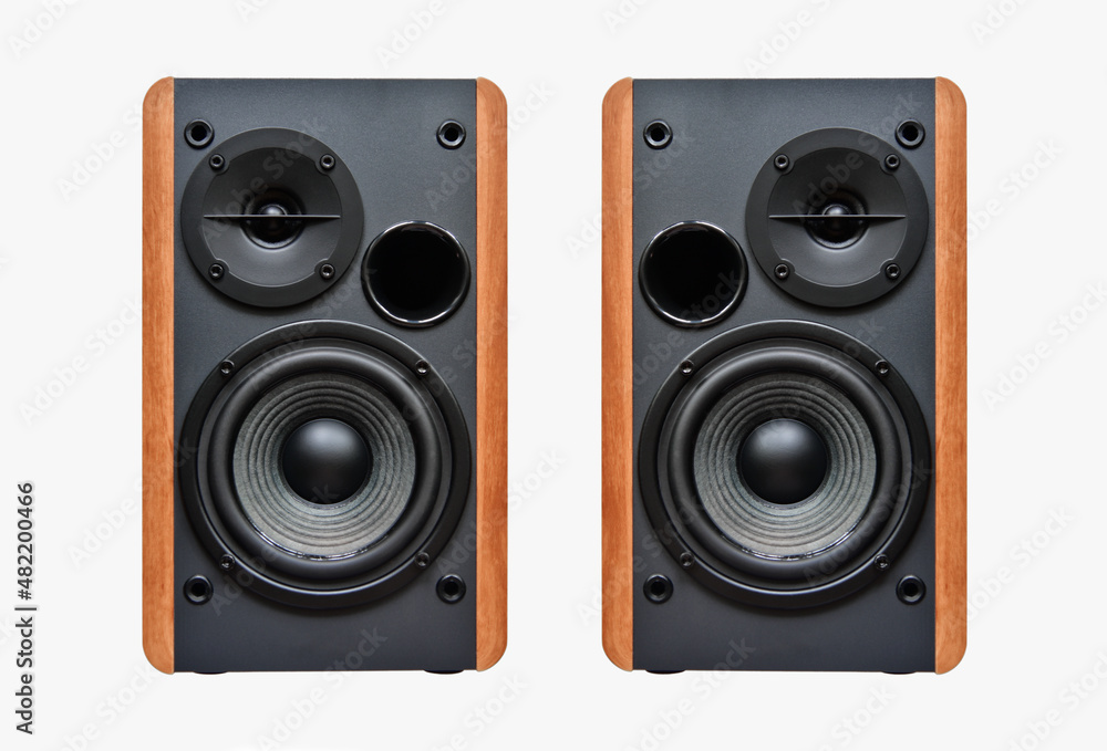 Speakers front view on a white background isolated - obrazy, fototapety, plakaty 