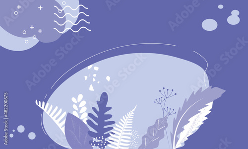 Vector leaves and shapes of purple design. Very peri color geometric abstract banner with lines and shapes. Modern purple abstract background in very peri color