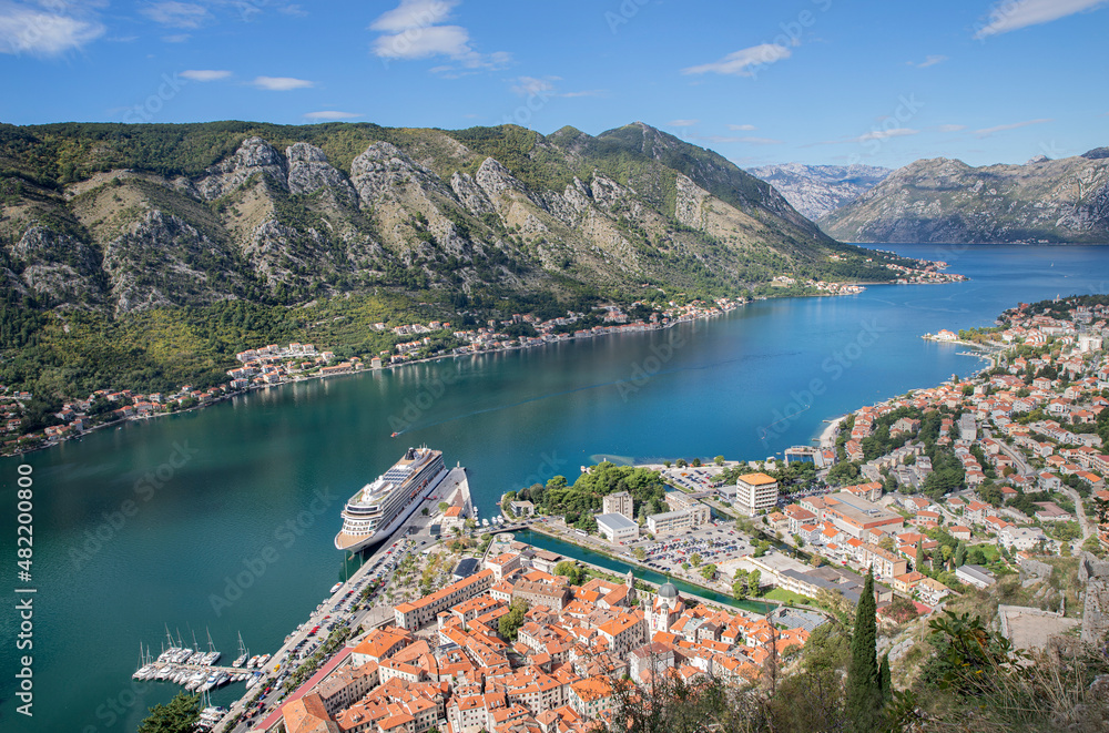 View of Bay and Old Town in Kotor Montenegro 