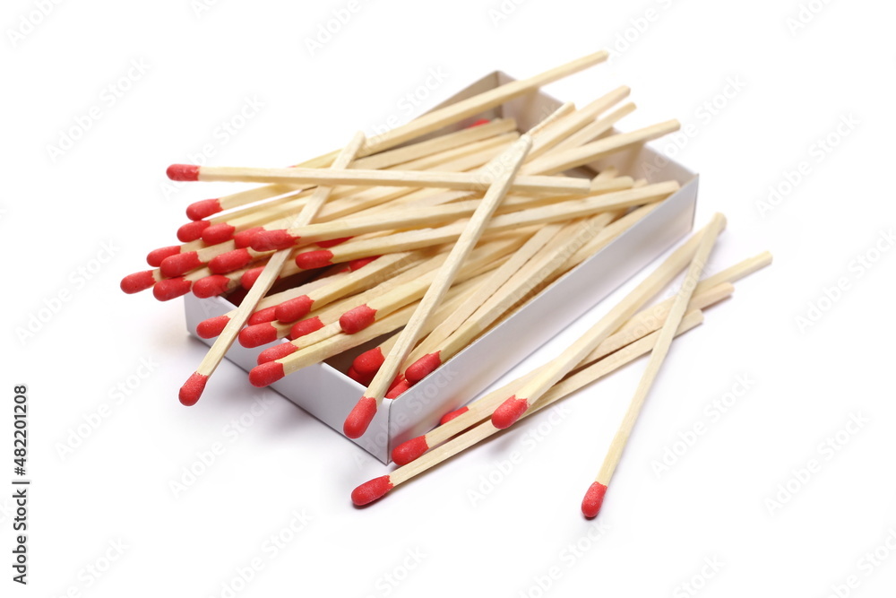 Fire matches pile with carton box isolated on white  