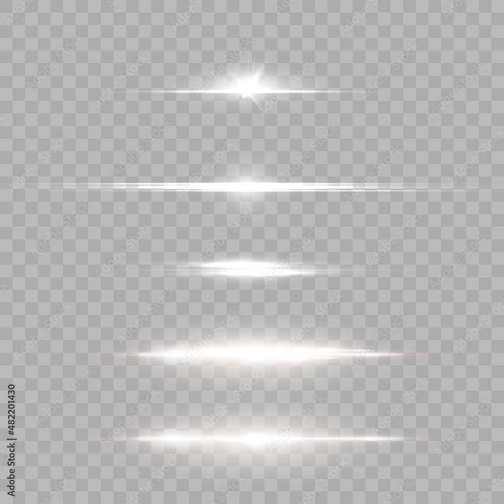 White horizontal highlights. Laser beams, horizontal beams of light. Beautiful light flashes