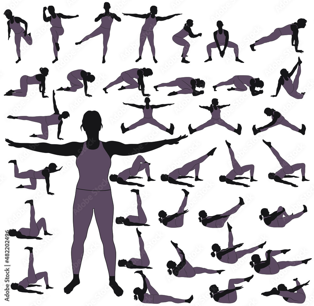 Big set of vector silhouettes of girl practicing fitness and yoga. Shapes of woman in costume doing exercises and stretching in different poses isolated on white background. Healthy lifestyle consept. Big set of vector silhouettes of girl practicing fitness and yoga. Shapes of woman in costume doing exercises and stretching in different poses isolated on white background. Healthy lifestyle consept.