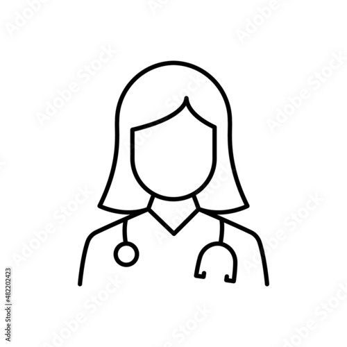 Professional Doctor with Stethoscope Line Icon. Female Physicians Specialist and Assistant Linear Pictogram. Editable Stroke. Isolated Vector Illustration