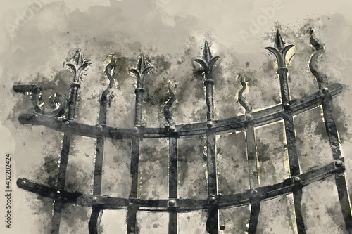 watercolor style illustration of metal gothic closed gate