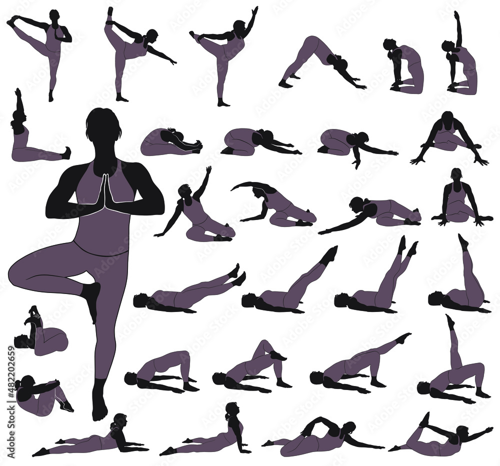 Collection of icons of woman doing yoga and fitness exercises.  Vector silhouettes of  girl stretching and relaxing her body in different yoga poses. Shapes of yoga woman isolated on white background.
