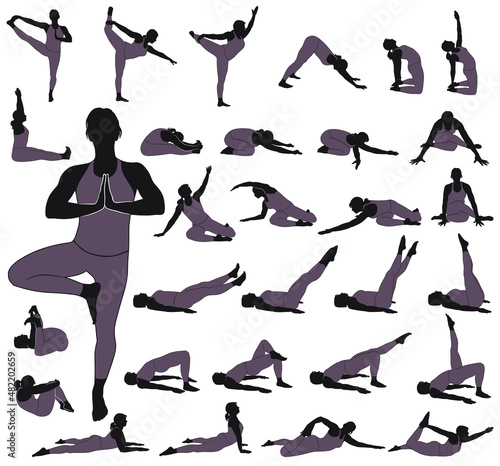 Collection of icons of woman doing yoga and fitness exercises. Vector silhouettes of girl stretching and relaxing her body in different yoga poses. Shapes of yoga woman isolated on white background.