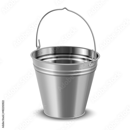 Realistic enameled bucket with handle vector illustration. Metal aluminum bucketful for water