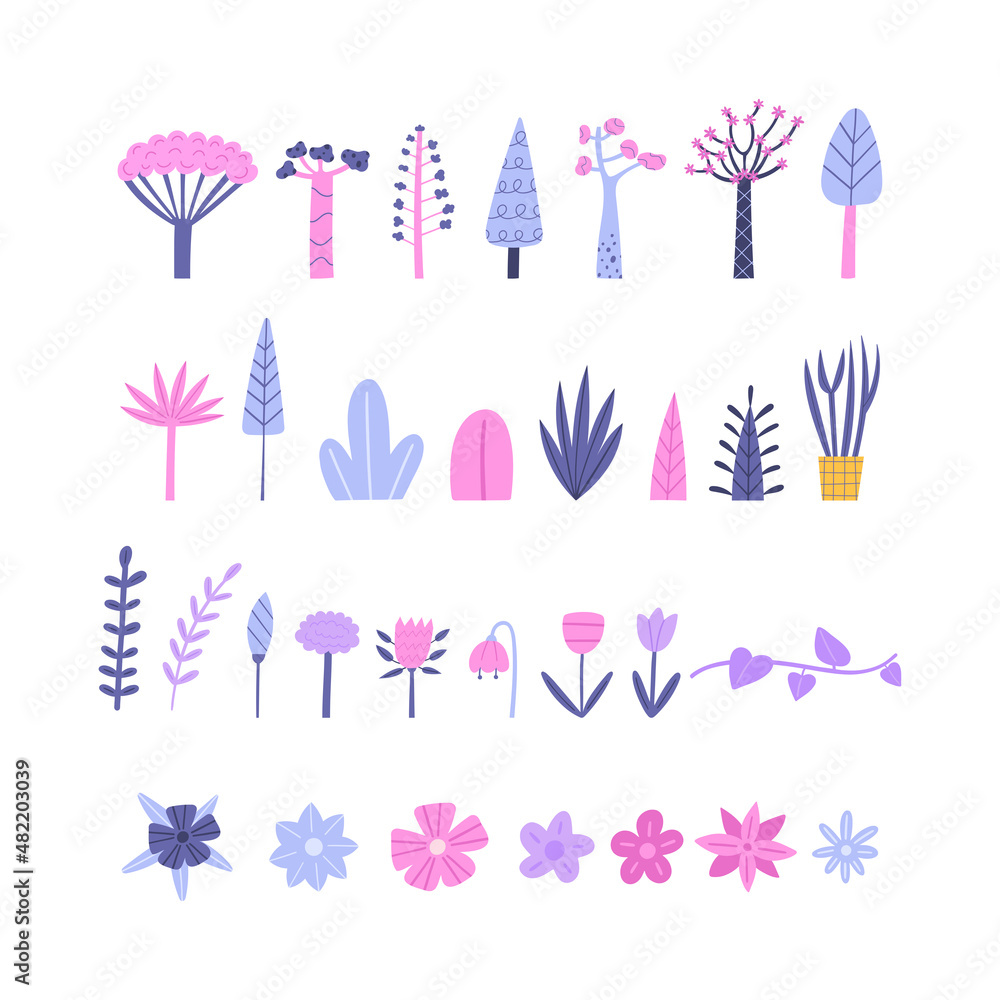 Set of trees, plants and flowers hand-drawn vector clipart Set of trees, plants and flowers hand-drawn vector clipart