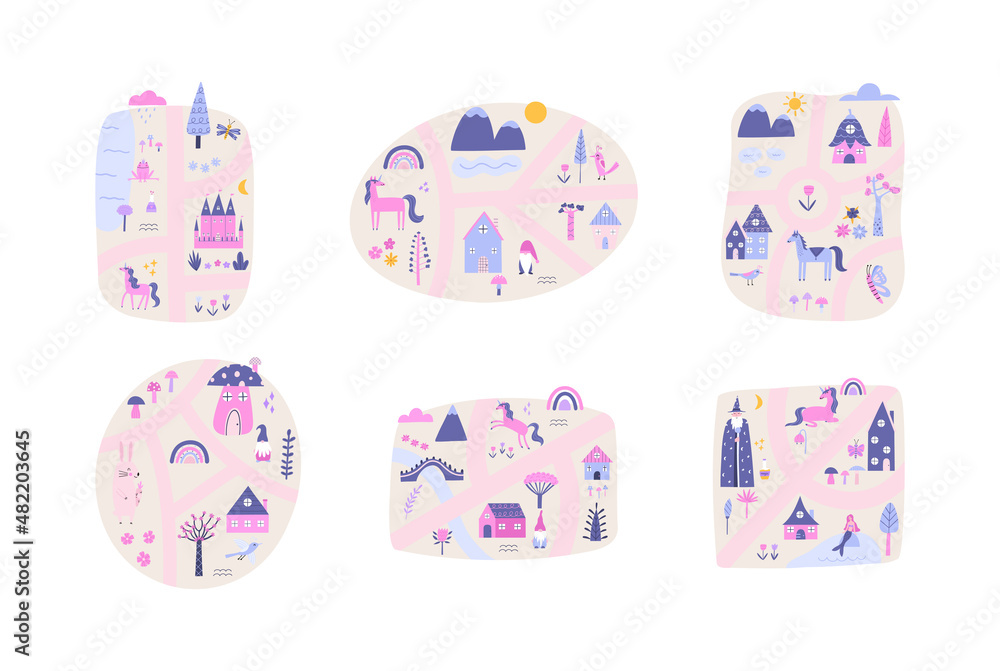 Set of magical kids maps vector illustrations Set of magical kids maps vector illustrations