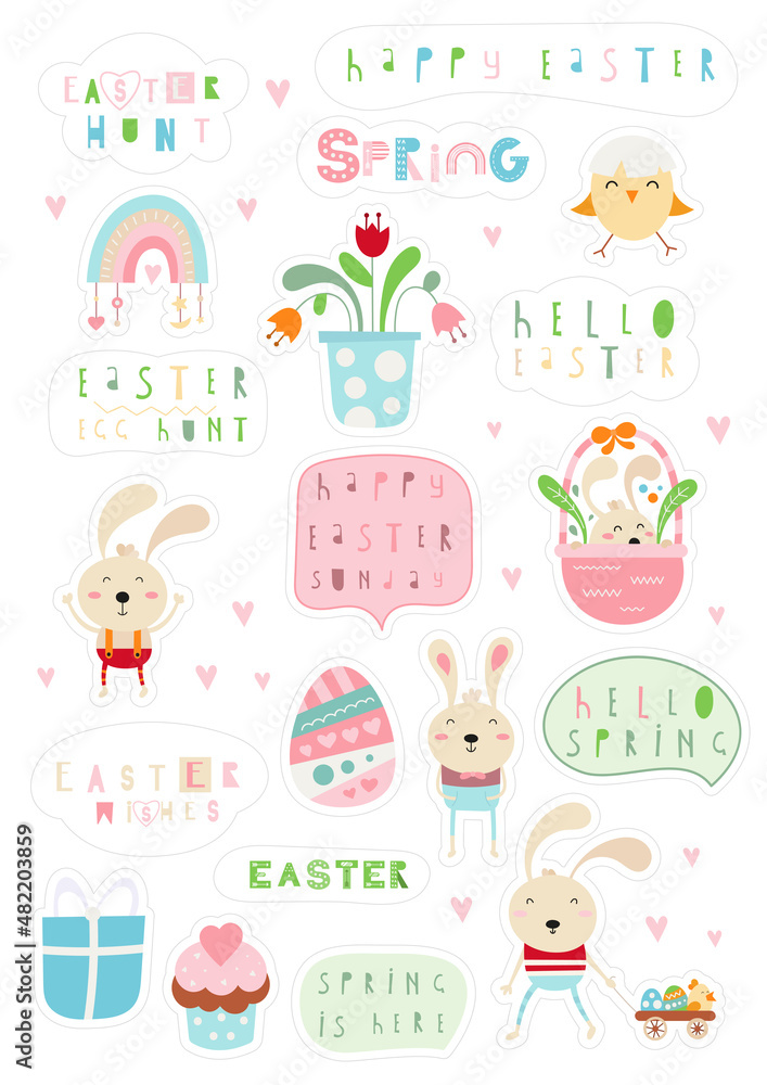 Easter Sticker set, hand cut lines. Easter Bunny clipart, egg, Easter phrases. Vector illustration. Isolated on white background. Easter Sticker set, hand cut lines. Easter Bunny clipart, egg, Easter phrases. Vector illustration. Isolated on white background.