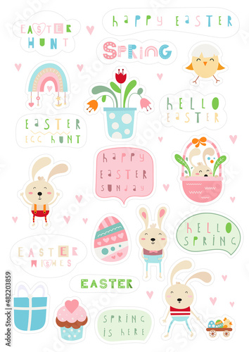 Easter Sticker set, hand cut lines. Easter Bunny clipart, egg, Easter phrases. Vector illustration. Isolated on white background.