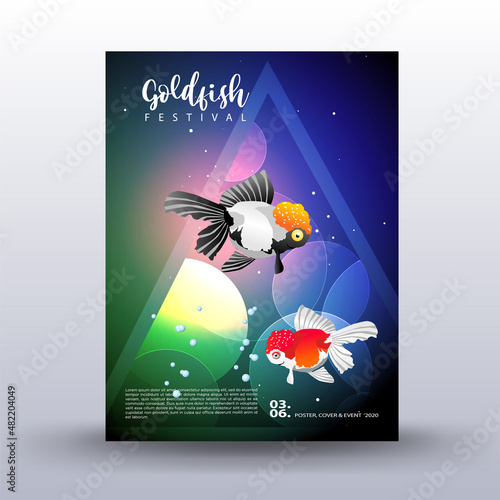 Poster design. Goldfish festival, with a colorful fish background.