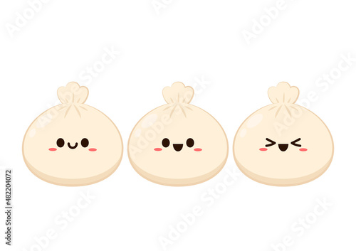 Cute Dim sum character, traditional Chinese dumplings, with funny smiling faces. Kawaii Asian food vector.