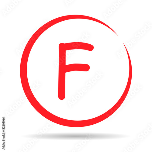 Grade result F with shadow. Hand drawn icon in red color. Test exam mark report vector illustration