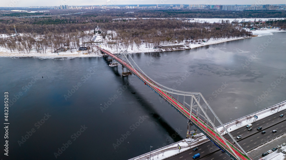 Aerial view of footbridge in winter Aerial view of footbridge in winter
