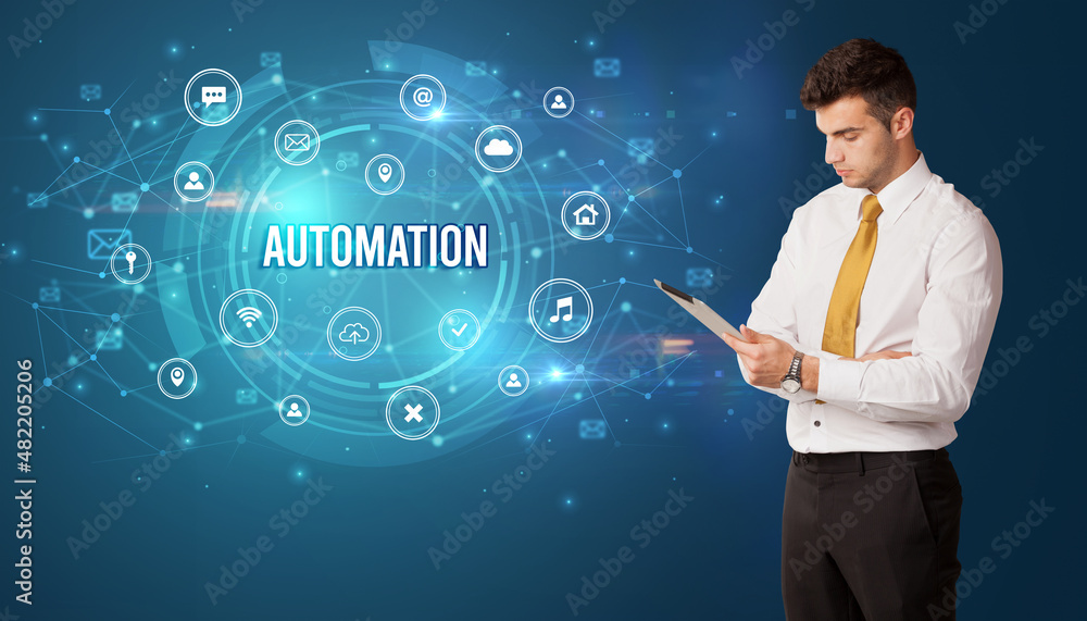 Businessman thinking about modern technology Businessman thinking about modern technology