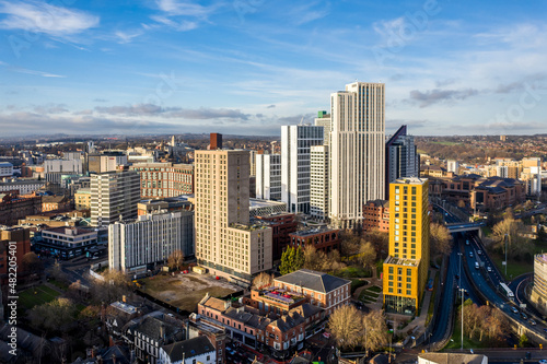 Aerial view of Skyscrapers and tower block buildings in Leeds, West Yorkshire