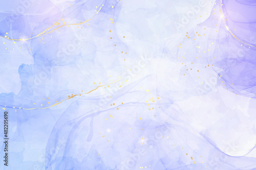 Obraz na plátně Violet lavender liquid watercolor marble background with golden lines