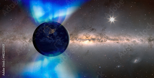 Fototapeta Naklejka Na Ścianę i Meble -  Northern lights aurora borealis over the planet Earth - Aurora australis under the planet Earth  