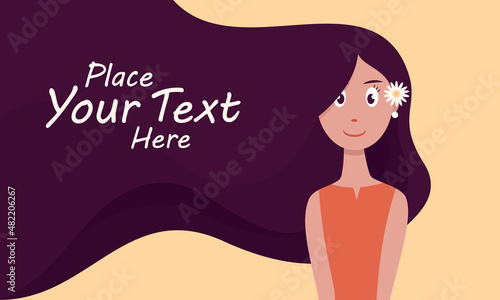 Flat vector illustration of beautiful girl with long hair for text space. Suitable for design element of woman's day poster background and female quote banner.