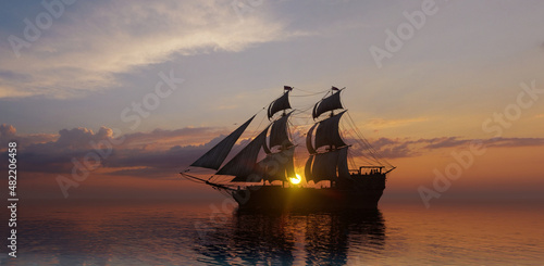Sailing ship goes to the open sea in the evening. The sun shines over a sailing ship in the ocean bay. Boat trip through beautiful seascapes. 3D visualization