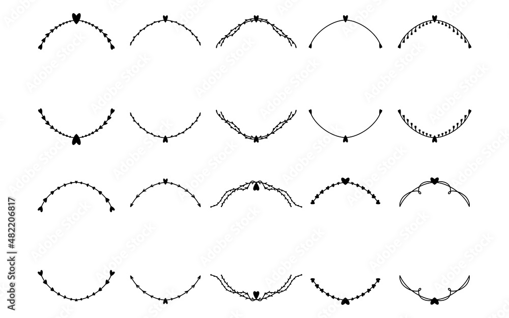 Set of hand drawn frames with hearts isolated on white background, vector. Silhouette frames for monograms. Doodle style.