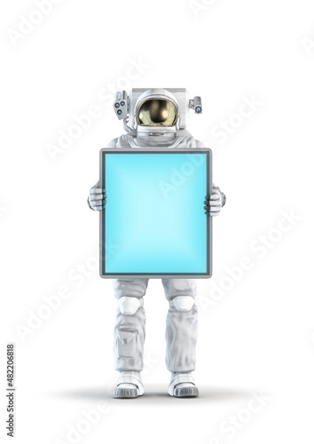 Astronaut digital display concept - 3D illustration of space suit wearing male figure holding up blank flat screen isolated on white studio background