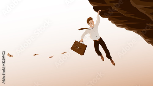 A businessman hangs dangerously on the edge of a rock. Briefcase in hand. Money fly away. Symbol of risk or economic crisis. Vector cartoon illustration