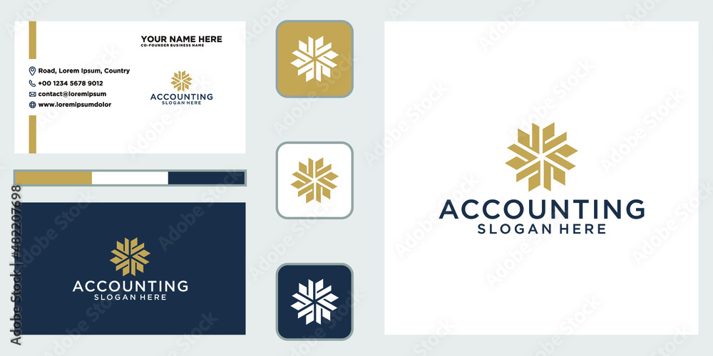 Accounting logo with gold color design template and business card