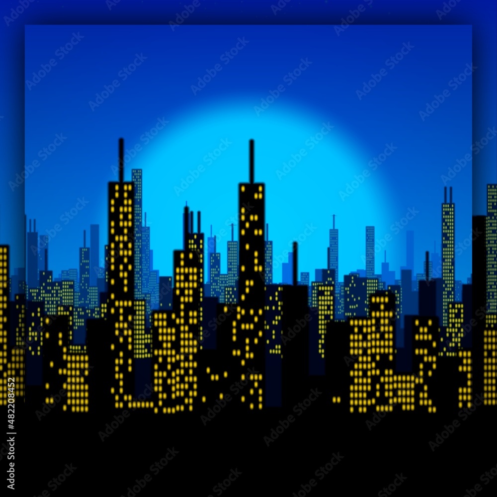 NYC city that never sleeps with many window lights on a turquoise and blue moon sky