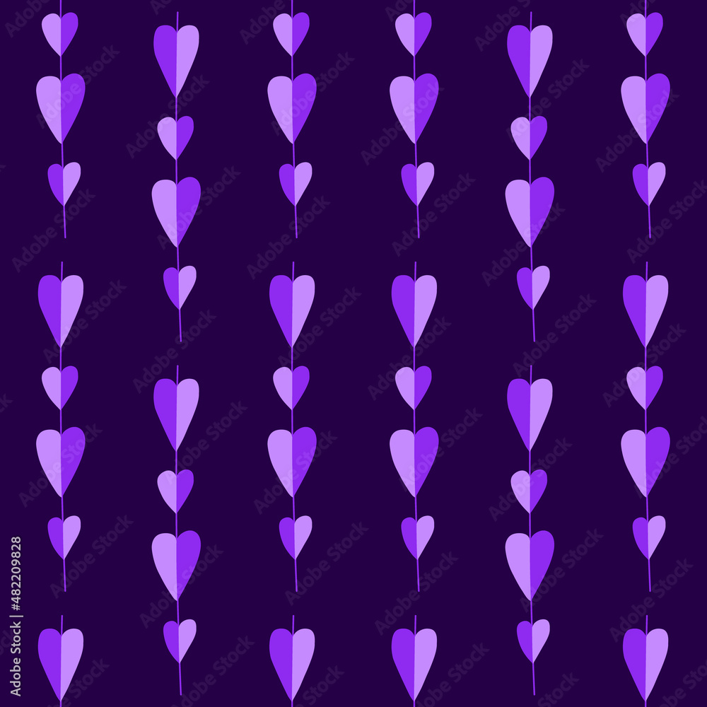 Vector purple hearts on dark purple background seamless pattern