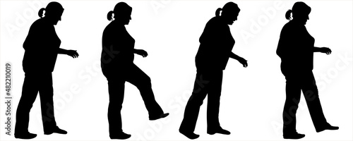 The woman takes long strides. Women in pants, trousers and a T-shirt, blouse. Four black female silhouettes isolated on white background. Side view. Step by step. Storyboard of a walking woman. 