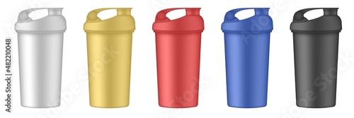 Set of multicolored sport cups or bottles for water. Protein shake drink. White, gold, red, blue and black travel cups. Thermo mug. Plastic shaker. Bicycle bottle