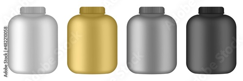Realistic vector sport nutrition containers without label. Whey protein and mass gainer black plastic jar isolated on white background. Silver, white, gold and black jars.