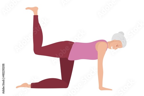 Balancing table yoga pose. Senior woman doing yoga. Cheerful positive mature woman in sportswear doing exercises barefoot on floor. Dandayanma Bharmanasana in old age. Healthy retirement lifestyle.