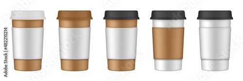 Realistic set of paper coffee cups with cupholders. Coffee to go. Take away. White paper cups, blank brown container with lid for latte, mocha, cappuccino or tea drinks. Carton cup holder