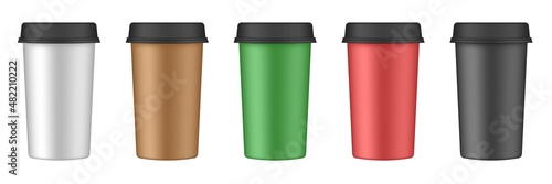 Realistic set of paper coffee cups. Coffee to go. Take away. White, red, green, black paper cups, blank brown container with lid for latte, mocha, cappuccino or tea drinks