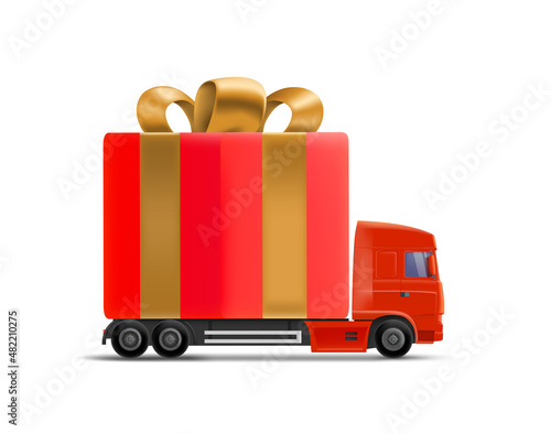 Truck with gift box. Holiday delivery concept. 3d vector illustration