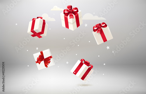Frame of gift boxes on white background. 3d vector objects with levitation effect