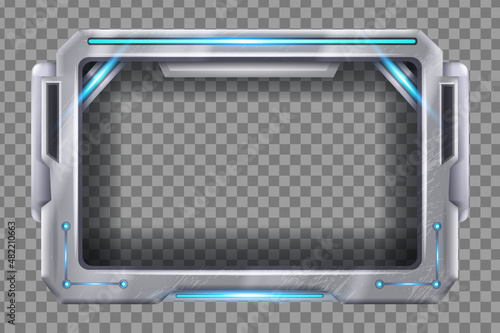 Tech futuristic frame vector screen, HUD digital game border panel, UI spaceship window display. Cyberpunk electronic monitor dashboard, virtual interface element, neon lights. Metal futuristic frame
