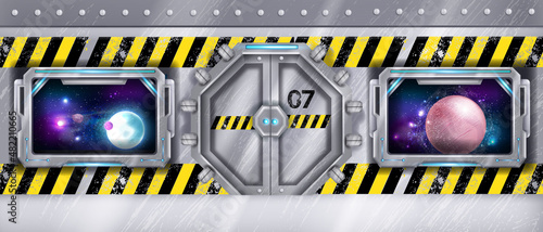Metal spaceship door, vector futuristic laboratory gate, rocket window view, alien planet, stars, galaxy. Danger zone spacecraft background, chrome shuttle entrance, hallway scene. Metal lab door
