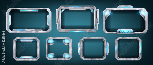 Futuristic technology game frame, vector metal HUD menu panel set, abstract spaceship steel screen kit. UI cyberpunk monitor display, neon lights, electronic interface element. Futuristic glow frames