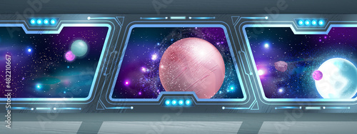 Space ship interior, vector future shuttle background, rocket window view, alien planets, stars. Game futuristic illustration, blue neon lamps sci-fi universe wallpaper starship cabin. Space ship room