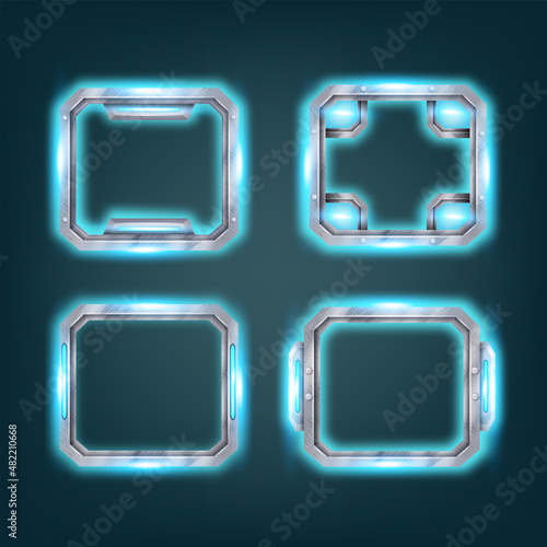 Futuristic technology game frame, vector UI HUD screen, spaceship interface glowing display on blue. Science cyberpunk neon tablet set, empty menu border, cyber virtual panels. Metal futuristic frame