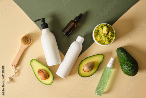 natural cosmetic with avicado oil concept top view photo