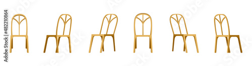 Wooden Chair in front, side and back angles. Garden or kitchen chairs set in various points of view. Flat vector illustration of an empty chair with curved bars.