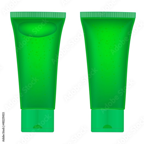 Aloe vera facial gel in green transparent tubes. Cucumber mask. Bubble inside. Moisturizer. Korean cosmetics. Realistic vector illustration. 3d mockup. Green tea or apple shampoo. Mint or melissa gel.